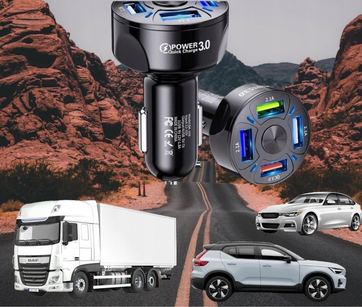 MOCNA SZYBKA ŁADOWARKA SAMOCHODOWA 4x USB PD QC 3.0 DO TELEFONU + KABEL