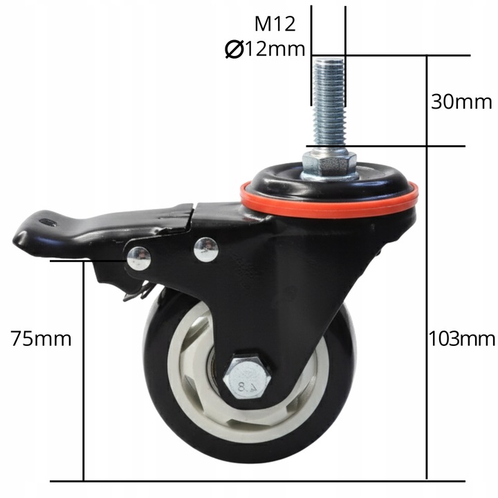 OBROTOWE KÓŁKO 75mm Z HAMULCEM do 460kg TRZPIEŃ Gwint M12x30mm 1szt