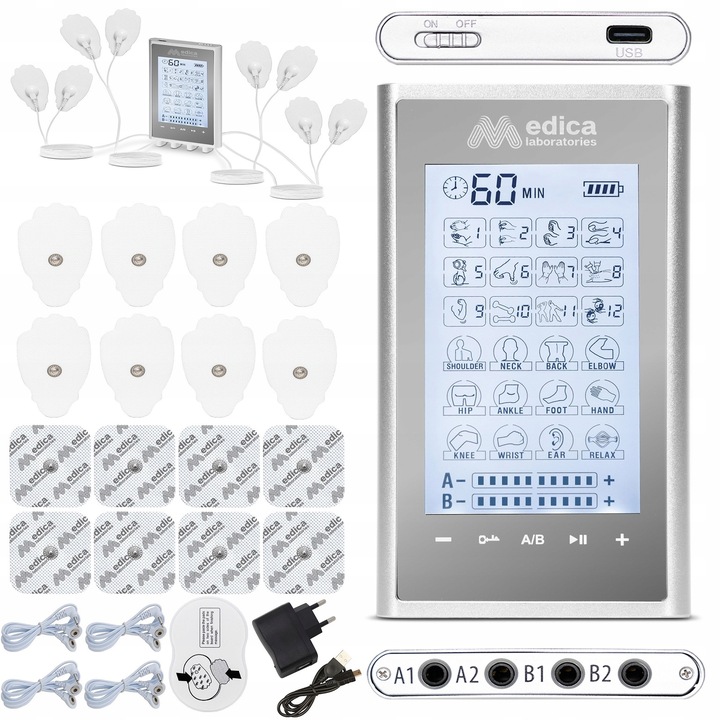 ELEKTROSTYMULATOR MIĘŚNI MASAŻER TENS EMS + ELEKTRODY 16 szt. ZESTAW XXL