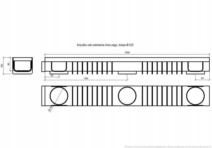 Korytko z tworzywa ruszt PP B125 100(H)x130x1000 mm odwodnienie