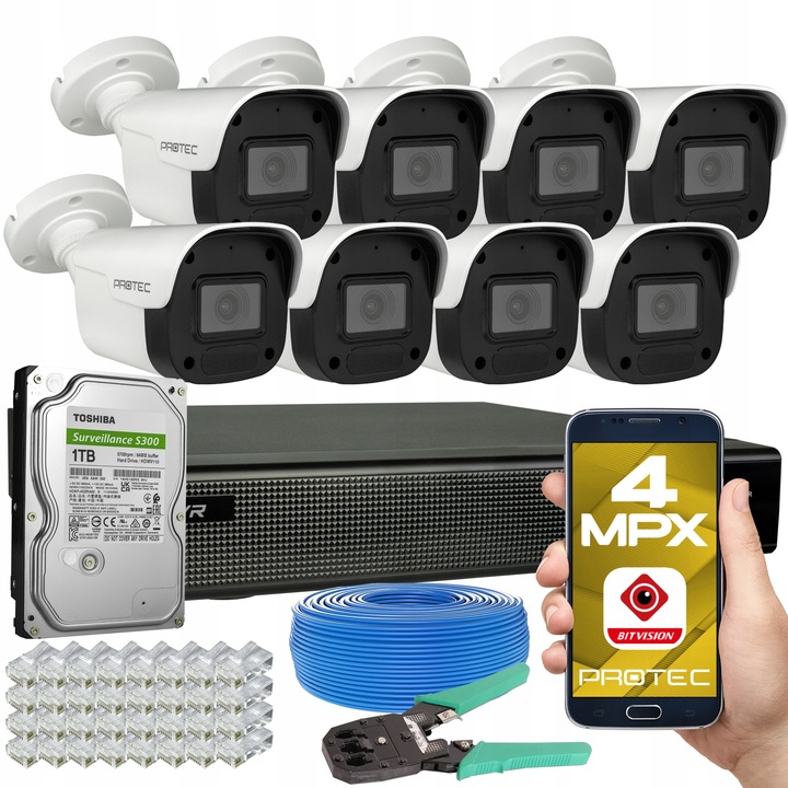 Monitoring cyfrowy IP 8 kamer 4Mpx PoE wbudowany mikrofon podgląd online