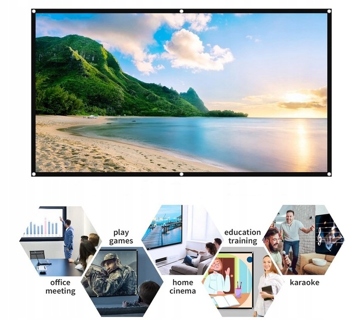 Duży EKRAN PROJEKCYJNY mata przenośna zwijana 100” 221x124 16:9 HDREADY 4K