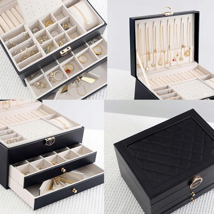 SZKATUŁKA NA BIŻUTERIE Z SZUFLADKAMI CZARNA ORGANIZER TRZY POZIOMY