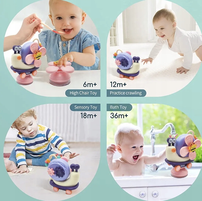 INTERAKTYWNY SENSORYCZNY ŚLIMAK 4w1 SPINER Z PRZYSSAWKĄ DLA NIEMOWLĄT