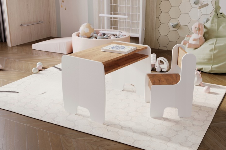 Stolik i krzesełko dla dzieci z półką - kolor biały dąb craft złoty