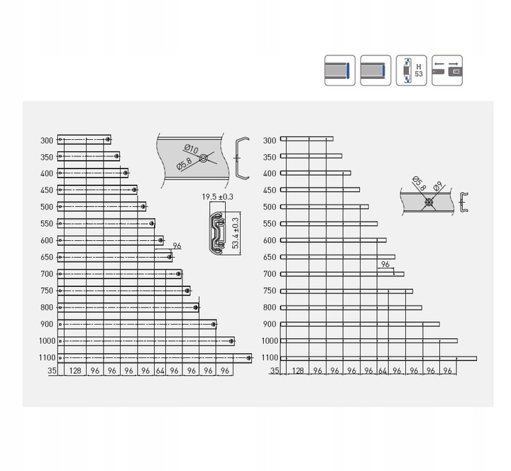 PROWADNICA KULKOWA GTV DO SZUFLADY H53 L500 100KG PEŁNY WYSUW MOCNA