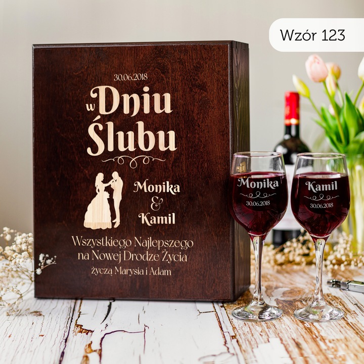 PREZENT NA ŚLUB SKRZYNKA NA WINO PREZENT ŚLUB DLA PARY MŁODEJ Z GRAWEREM