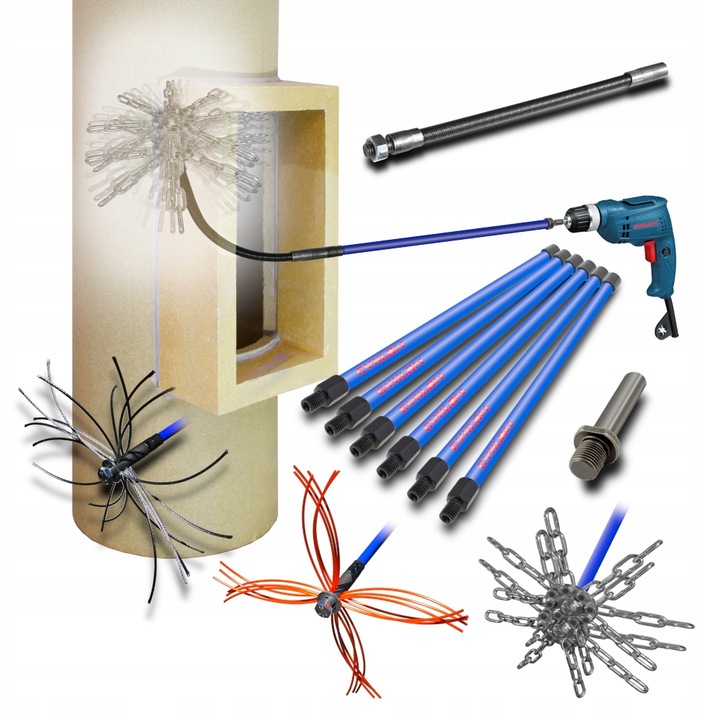 ZESTAW SZCZOTKA CYKLON 9m DO CZYSZCZENIA KOMINA 16 ŁAŃCUCHÓW GŁOWICE PILOT