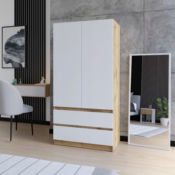 SZAFA DĄB WOTAN BIAŁA GARDEROBA DUŻA NA UBRANIA OTWIERANA 2 SZUFLADY