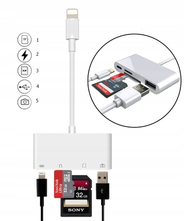 Adapter Czytnik Kart Pamięci do Apple iPhone Lightning micro SD USB 256GB