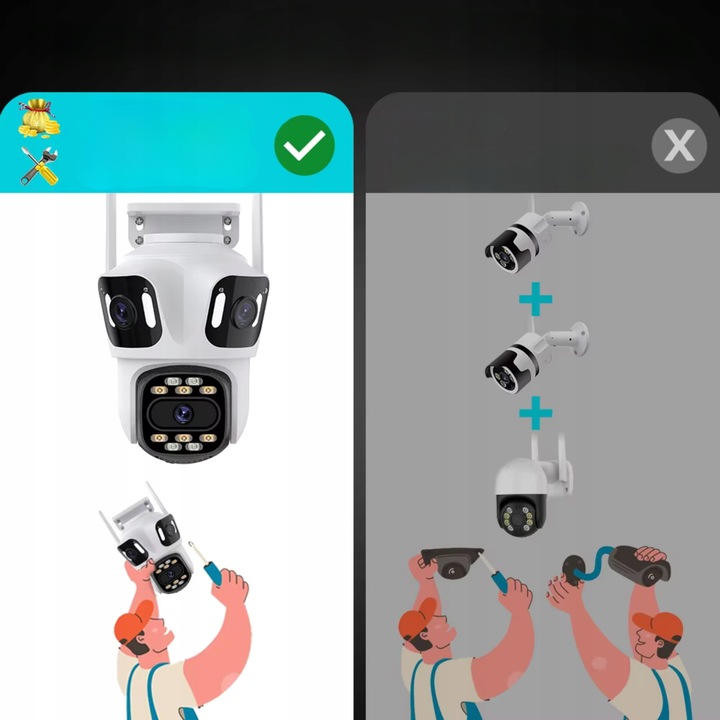 POTRÓJNA KAMERA WIFI IP SMART ZEWNĘTRZNA OBROTOWA UHD 8MP ZOOM ICSEE 3w1