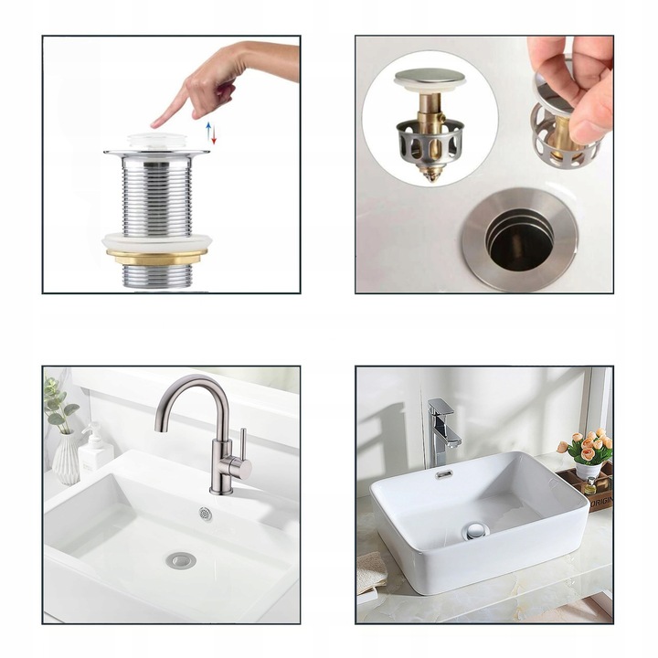 KOREK UMYWALKOWY Z SITKIEM automatyczny bez przelewu klik klak SREBNY