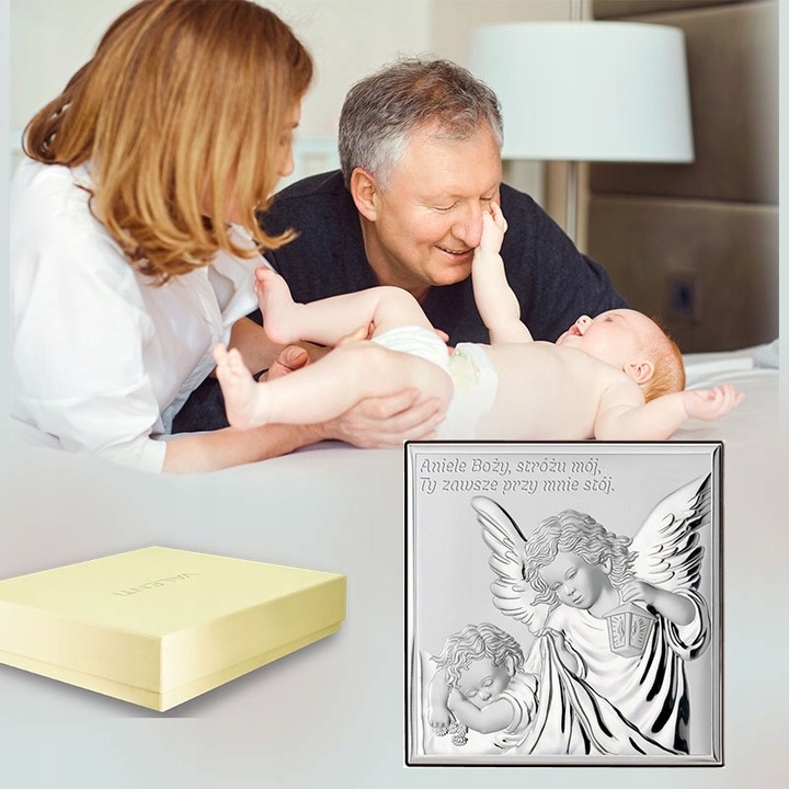 OBRAZEK SREBRNY NA CHRZEST ELEGANCKA UROCZA PAMIĄTKA ANIOŁEK Z GRAWEREM