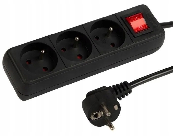 PRZEDŁUŻACZ LISTWA ZASILAJĄCA WŁĄCZNIK 3 GNIAZDA 5M CZARNY UZIEMIENIE