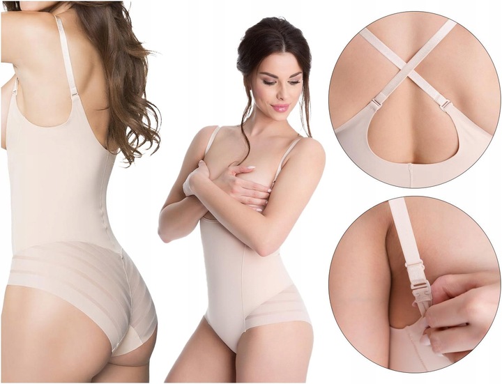 Julimex Beżowe wyszczuplające body pod biust z siateczką XXL