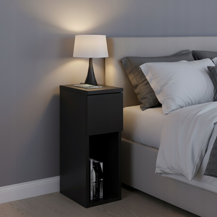 SZAFKA NOCNA CZARNA WĄSKA 20CM Z SZUFLADĄ I PÓŁKĄ LOFT STOLIK NOCNY