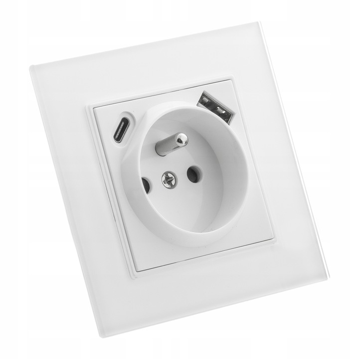 Gniazdko pojedyncze SZKLANE 230V KONTAKT z BOLCEM uziemieniem BIAŁE + USB C