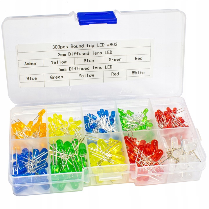 ZESTAW 300 SZT DIODY LED DIP 3mm i 5mm - 6 kolorów w organizerze