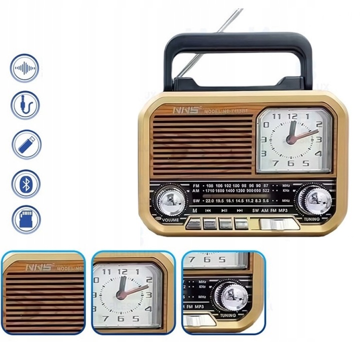 Radio FM Kuchenne RETRO z bluetooth USB MP3 z RĄCZKĄ ZEGAR USB