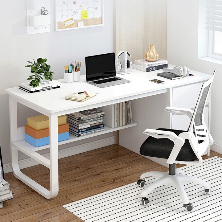 BIURKO KOMPUTEROWE MŁODZIEŻOWE BIAŁE STYL SKANDYNAWSKI DUŻE PÓŁKI