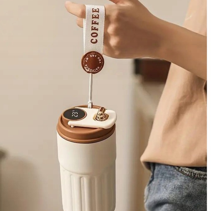 KUBEK TERMICZNY TERMOS BIDON NA KAWĘ HERBATĘ Z USTNIKIEM WYŚWIETLACZ 450ML