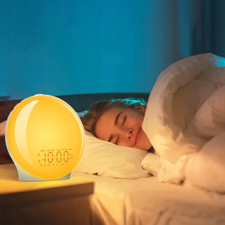 BUDZIK ŚWIETLNY ZEGAR DRZEMKA LAMPKA NOCNA RADIO SYMULATOR WSCHODU