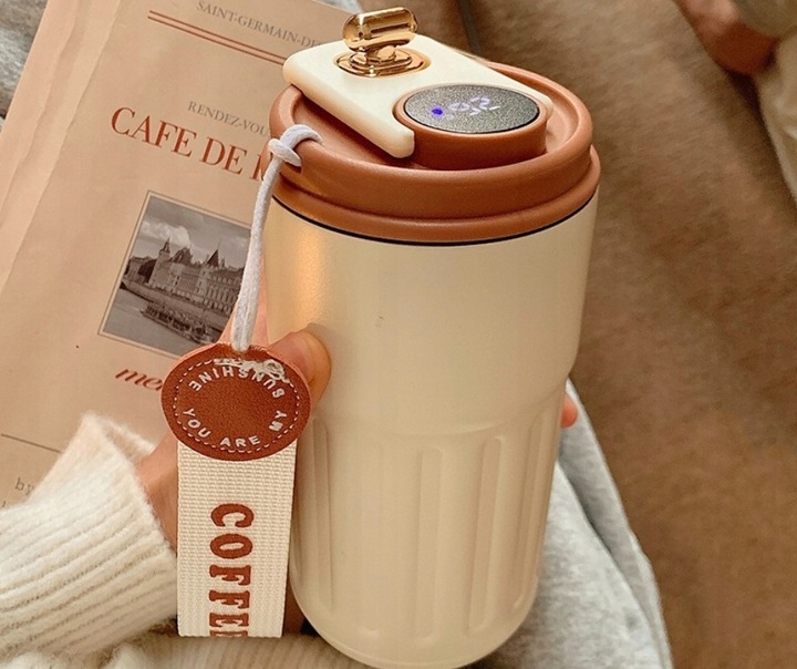 KUBEK TERMICZNY TERMOS BIDON NA KAWĘ HERBATĘ Z USTNIKIEM WYŚWIETLACZ 450ML