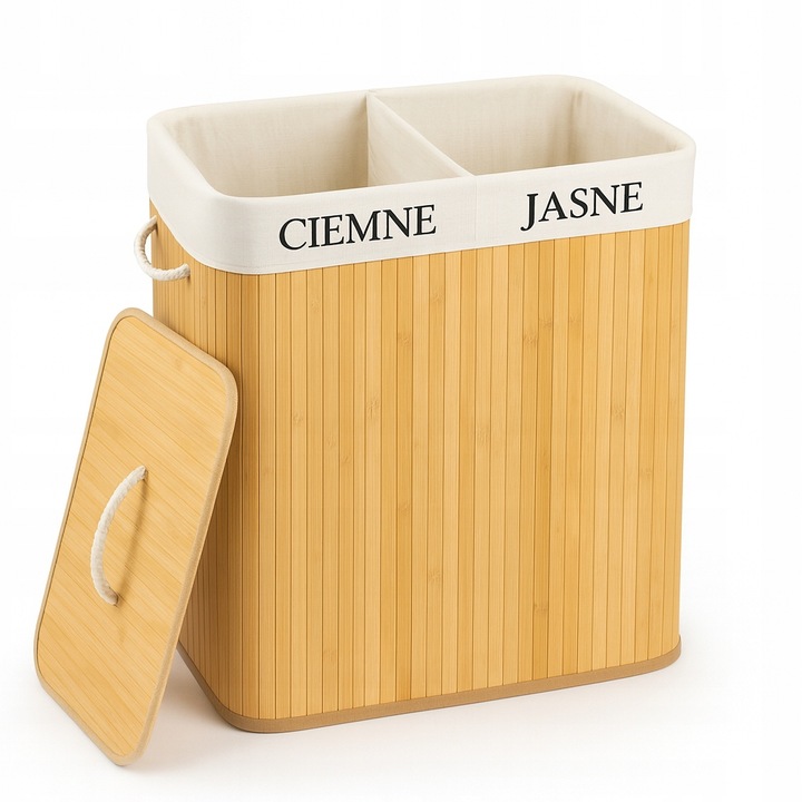 KOSZ BAMBUSOWY NA PRANIE BIELIZNĘ ZAMYKANY DWUKOMOROWY POJEMNIK WĄSKI 100L