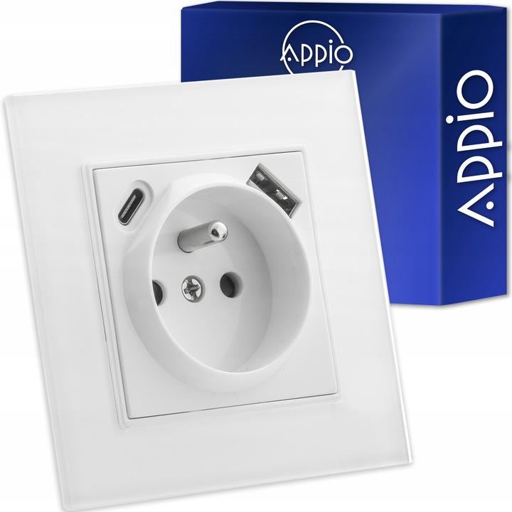 Gniazdko pojedyncze SZKLANE 230V KONTAKT z BOLCEM uziemieniem BIAŁE + USB C