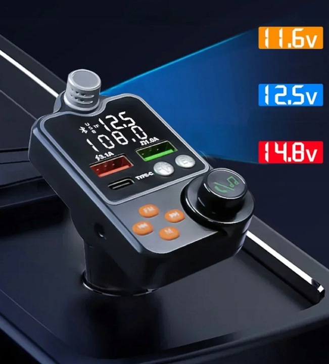 TRANSMITER FM ZESTAW GŁOŚNOMÓWIĄCY BT 5.0 ŁADOWANIE QC 3x USB PD RGB AUDIO