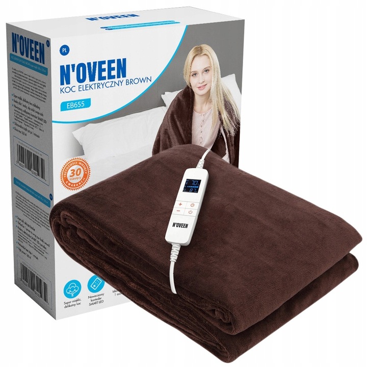 NOVEEN BRĄZOWY DUŻY KOC ELEKTRYCZNY 180x130cm MATA GRZEWCZA ZEGAR Z PILOTEM