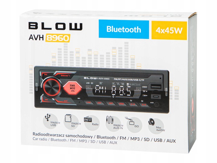 RADIO SAMOCHODOWE BLUETOOTH 1-DIN RDS USB-C AUX RCA SD MP3 LCD