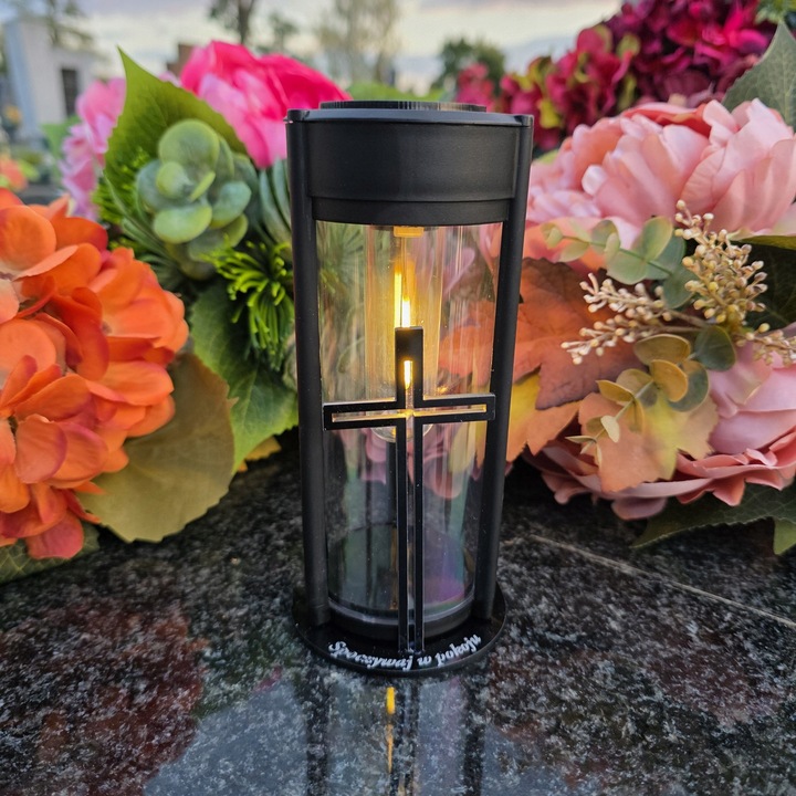 ZNICZ SOLARNY LED LAMPION NA GRÓB STATUETKA NA CMENTARZ Z KRZYŻEM