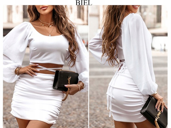 Komplet SPÓDNICA ołówkowa mini TOP tiul tiulowe rękawy bufki z wiązaniem