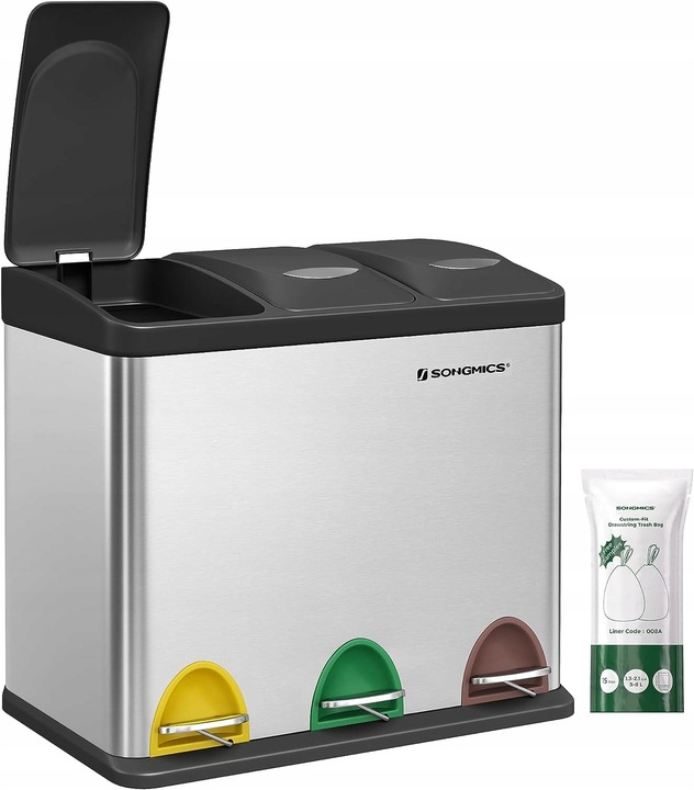 Kosz na śmieci odpady METALOWY 3 KOMORY do segregacji recykling 24l srebrny