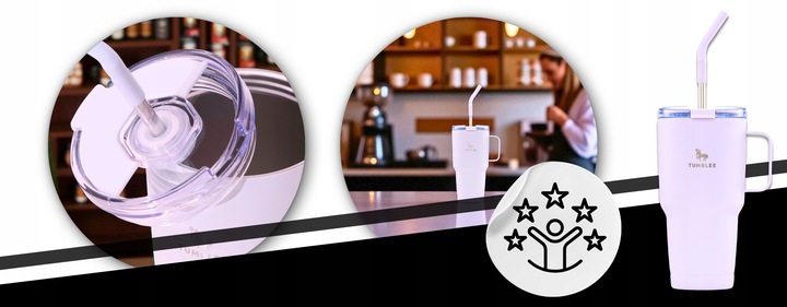 MOCNY Kubek Termiczny ze Stalową Słomką i Uchwytem na Kawę Herbatę 900ml