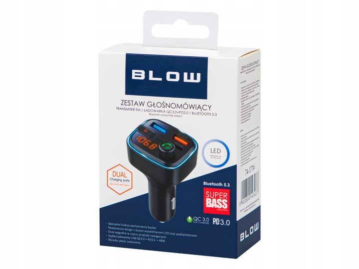 TRANSMITER FM BLUETOOTH 5.3 QC 3.0 PD30W MOCNY BASS ŁADOWARKA MIKROFON