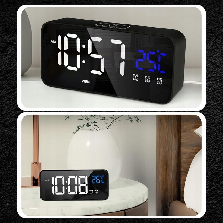BUDZIK ELEKTRONICZNY ZEGAR LED CYFROWY STOJĄCY TERMOMETR ALARM DATA + USB