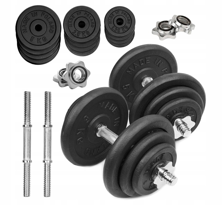 HANTLE ŻELIWNE 2x20kg regulowane gryf Talerze zestaw do treningu 40kg