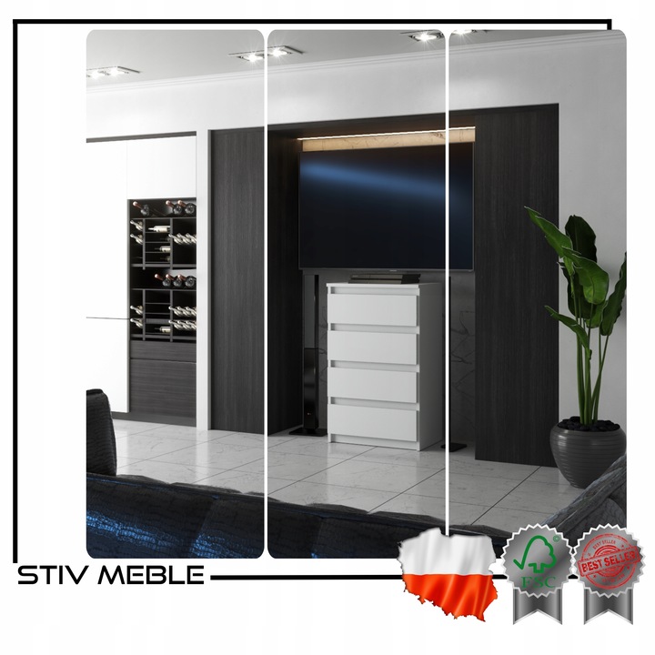 Komoda Biała Z 4 Szufladami 60 CM Szafka Rtv Loft Mała Nowoczesna Do