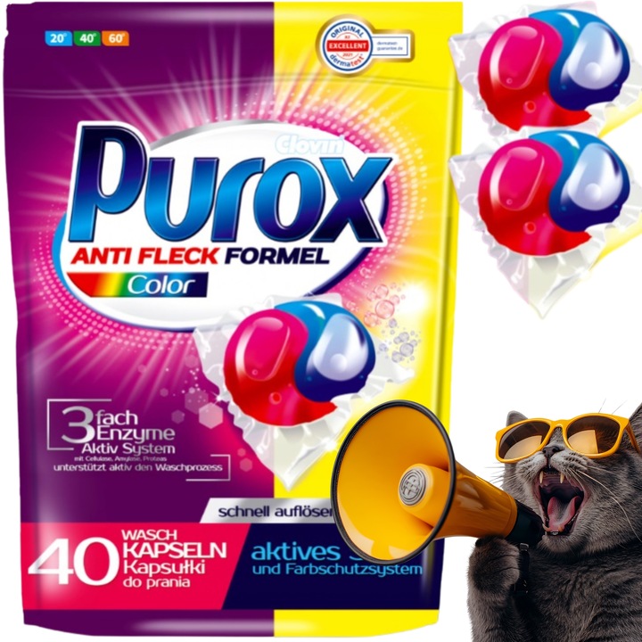 Kapsułki do prania PUROX KOLOR, usuwa zabrudzenia, chroni kolory, 40