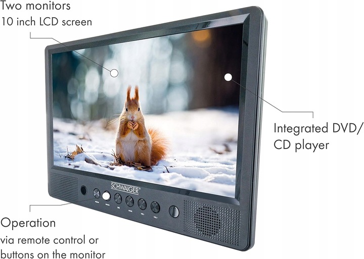 SCHWAIGER przenośny odtwarzacz DVD 2 ekrany USB SD pilot stojak samochodowy