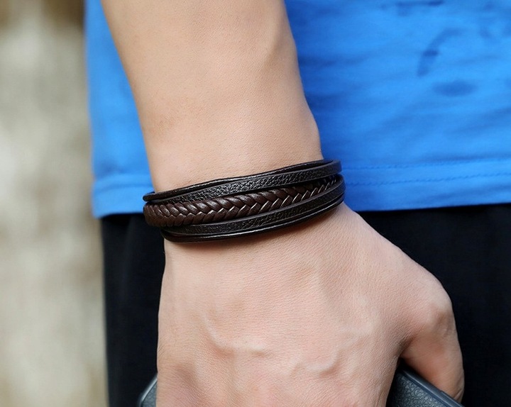 BRANSOLETKA MĘSKA BRĄZ RZEMYK STAL NIERDZEWNA W PUDEŁKU CRYSTAL NA PREZENT