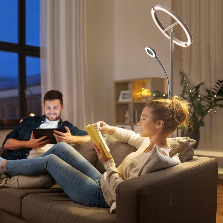 Lampa Stojąca LED Podłogowa Srebrna do Salonu Z Pilotem i Elastyczną