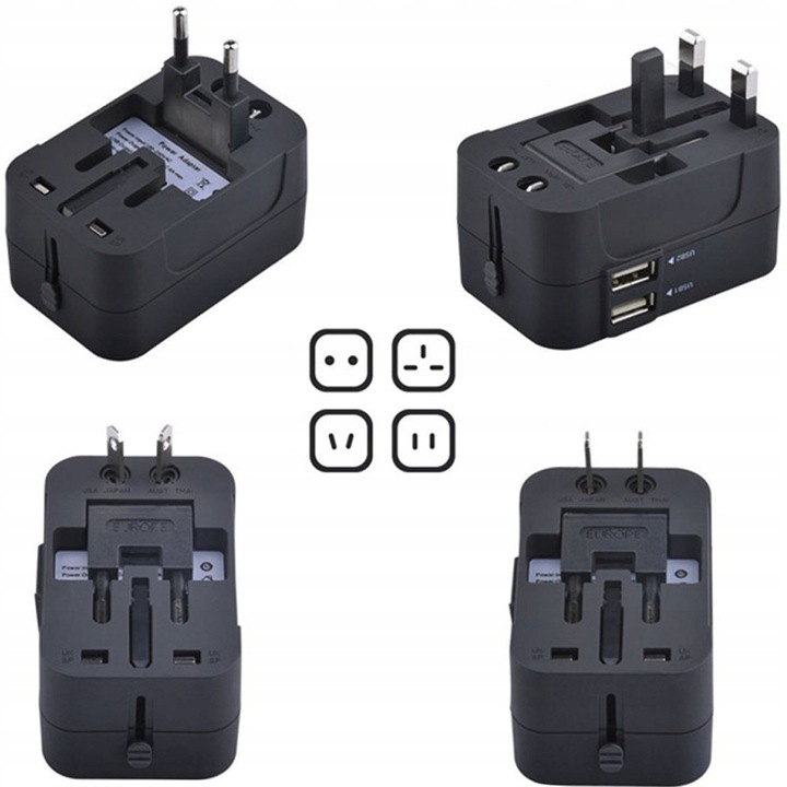 Uniwersalna Przejściówka ADAPTER Gniazda USA UK EU AUST Ładowarka USB
