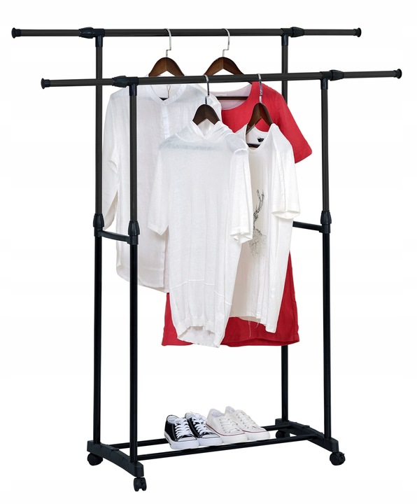 WIESZAK STOJĄCY NA KÓŁKACH PODWÓJNY REGULOWANY WYSUWANY UBRANIA STOJAK