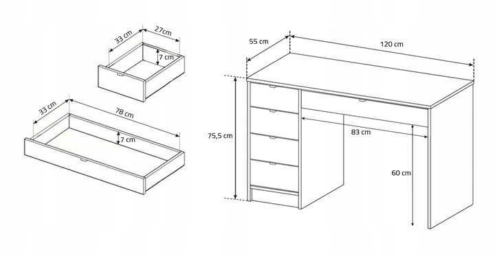 BIURKO BIAŁE Z SZUFLADAMI MAKS PRAWE LEWE CZARNE UCHWYTY 120X75X50