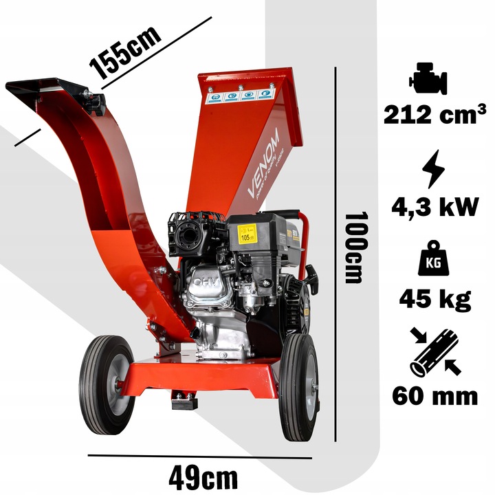 MOCNY ROZDRABNIACZ DO GALEZI SPALINOWY MAX 60MM SILNIK 212CC 2xNÓŻ