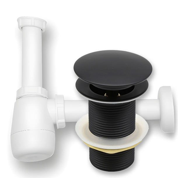 ZESTAW: KOREK KLIK-KLAK BEZ PRZELEWU CZARNY + SYFON UMYWALKOWY DO UMYWALKI