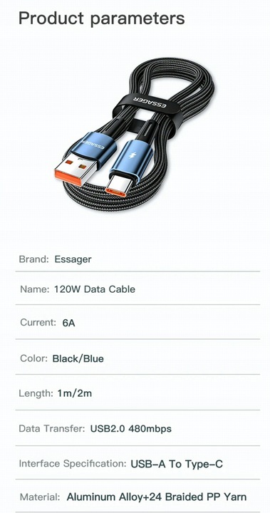 Kabel 2 metry czarny Essager USB A do USB-C 6A SZYBKIE ŁADOWANIE 120W 6A 2M